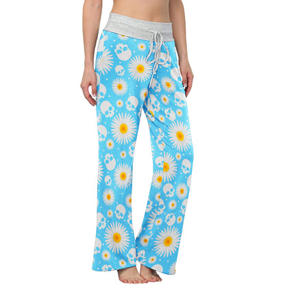 Blue Daisy Skull Women's High-waisted Wide Leg Pants | Wonder Skull