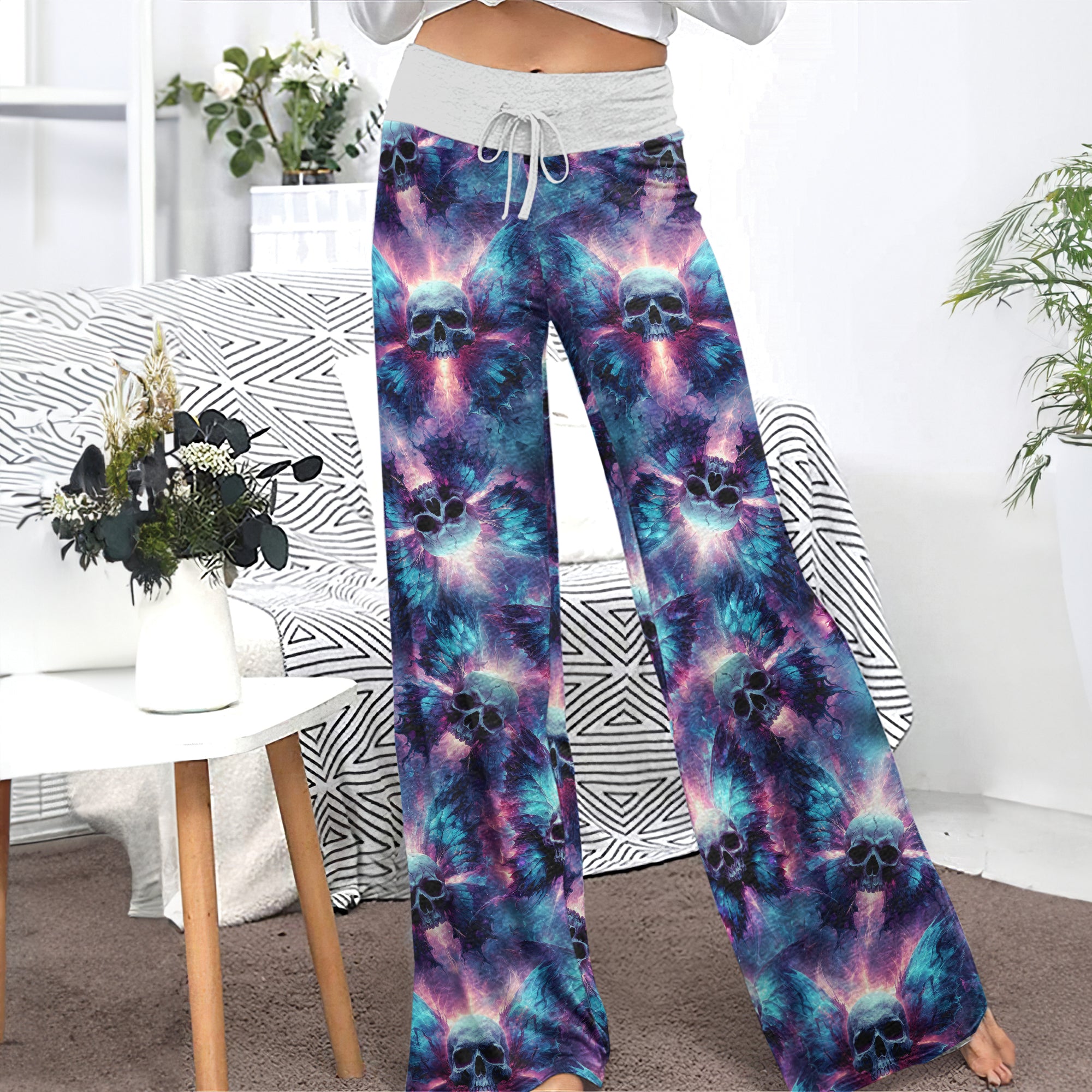 Galaxy Skull Butterfly Pattern Women's High-waisted Wide Leg Pants