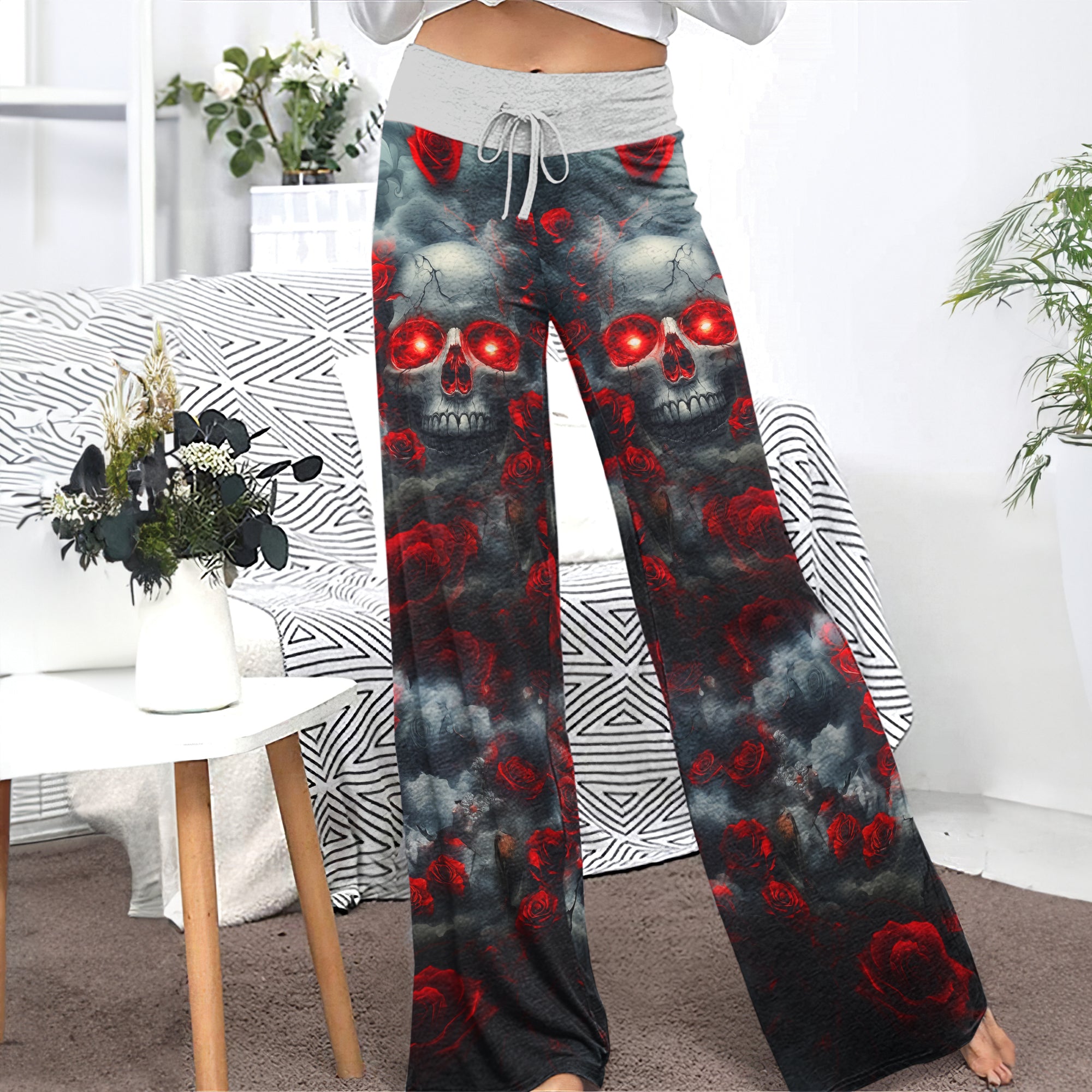 Red Skull Rose Gothic Women's High-waisted Wide Leg Pants