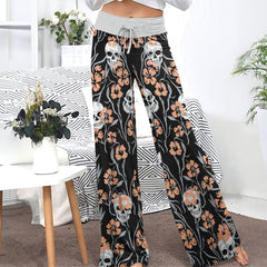 Pastel Skull Flower Pattern Women's High-waisted Wide Leg Pants