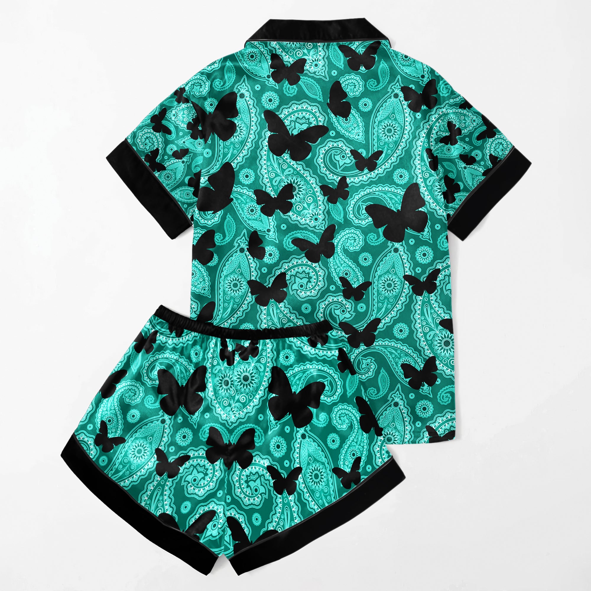 Cyan Paisley Butterfly Women's Pajama Sets Top Sleeve & Short Bottom