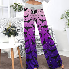 Galaxy Skull Bat Pattern Women's High-waisted Wide Leg Pants