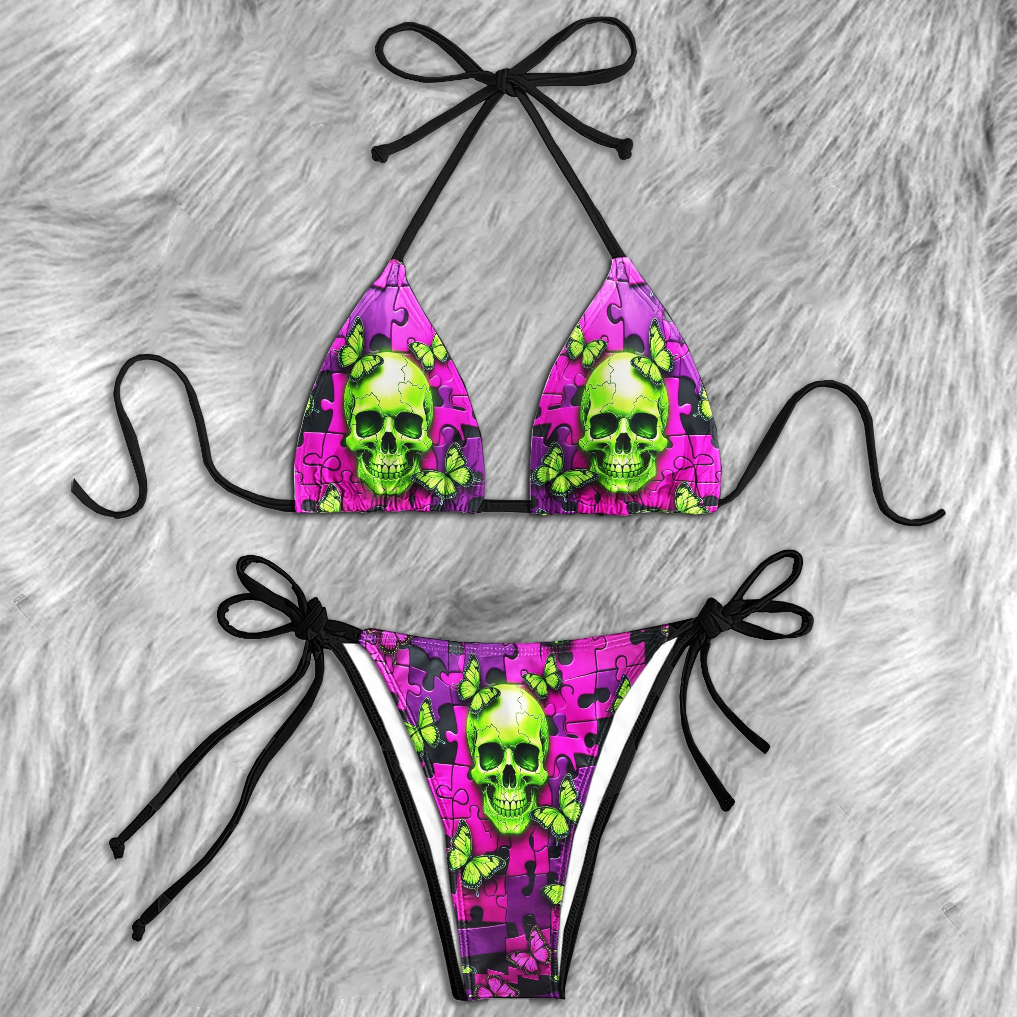 Neon Acid Skull Puzzle Micro Triangle Bikini Swimsuit