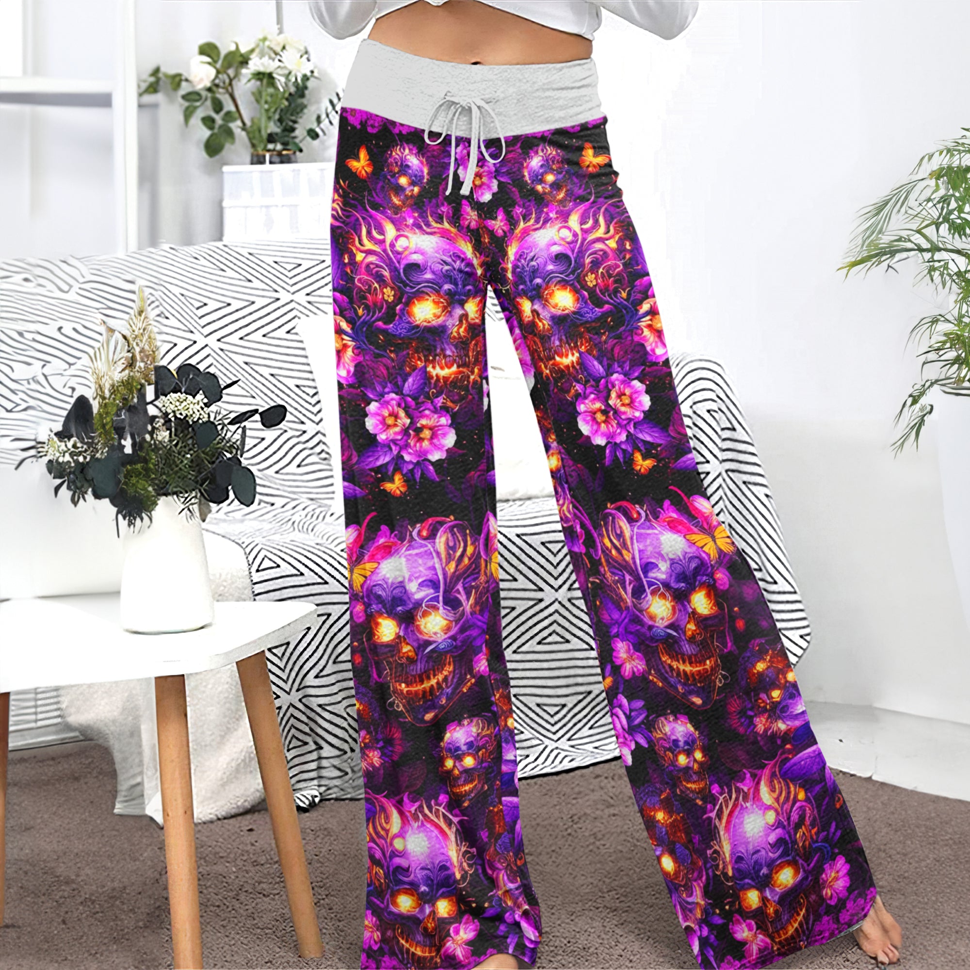 Violet Inferno Skulls Women's High-waisted Wide Leg Pants