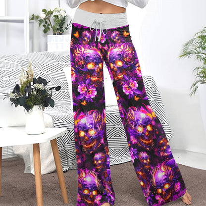 Violet Inferno Skulls Women's High-waisted Wide Leg Pants