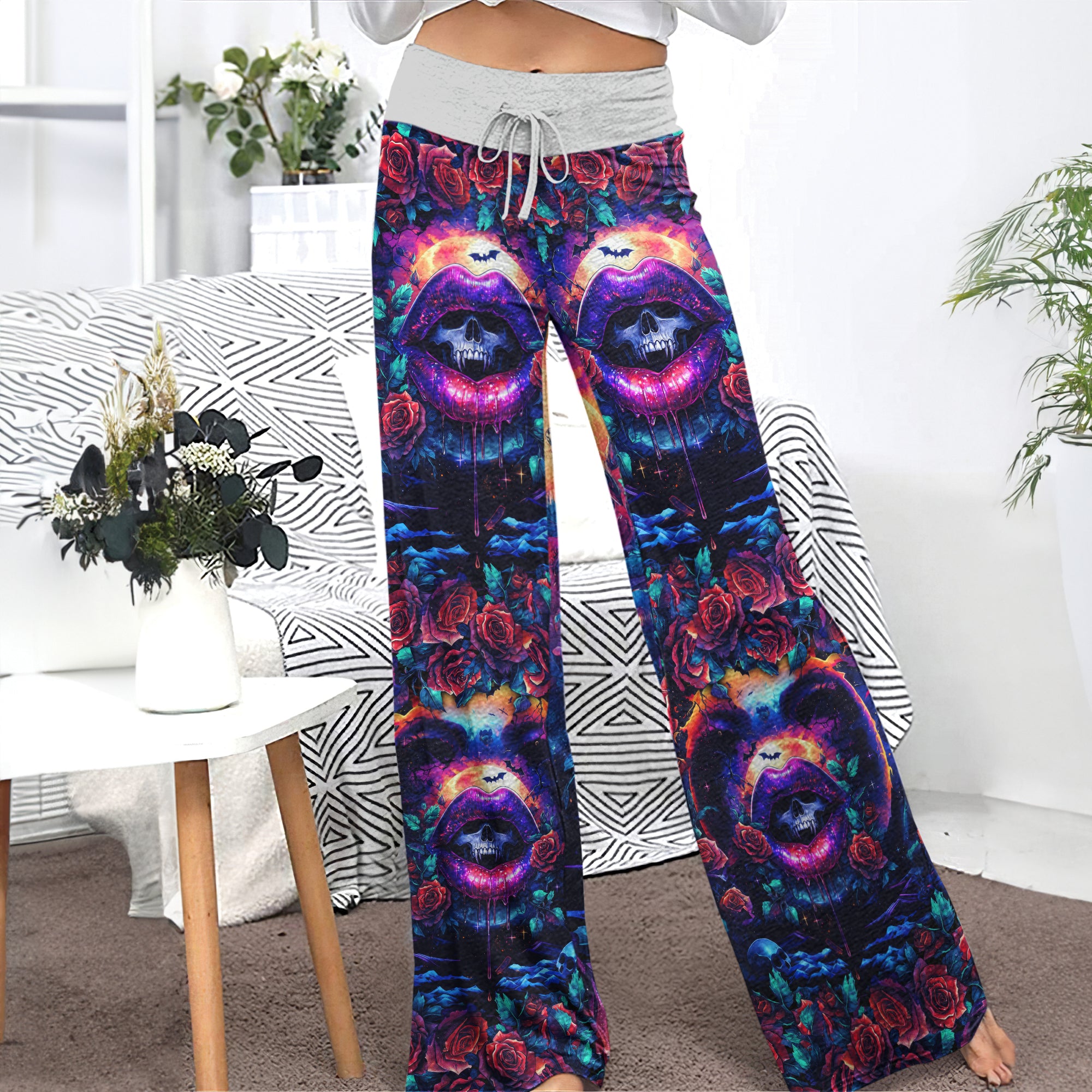 Abstract Skull Lip Rose Women's High-waisted Wide Leg Pants