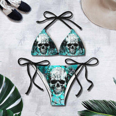 Blue Green Skull Dark Gothic Micro Triangle Bikini Swimsuit - Wonder Skull