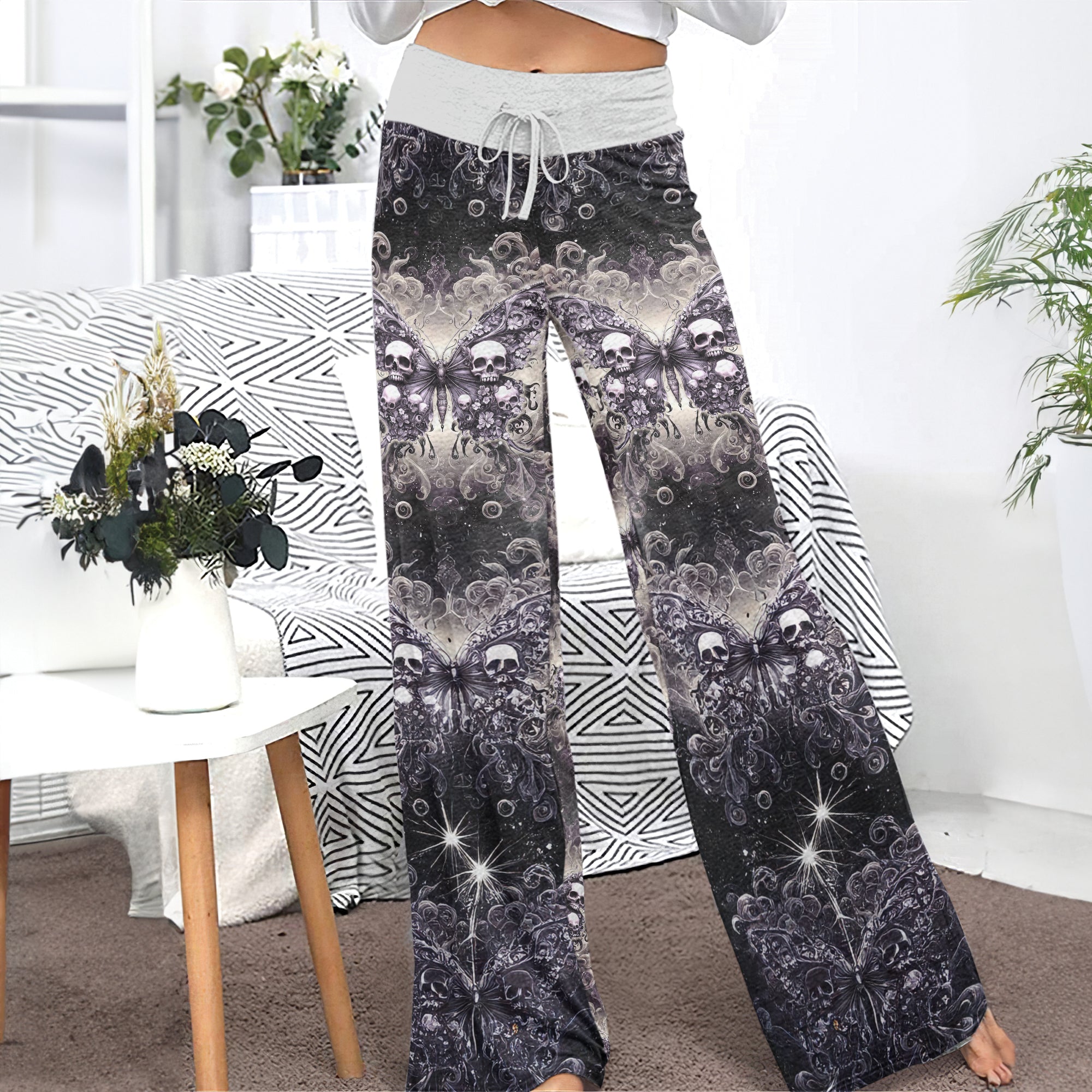 Celestial Gothic Skull Butterfly Women's High-waisted Wide Leg Pants