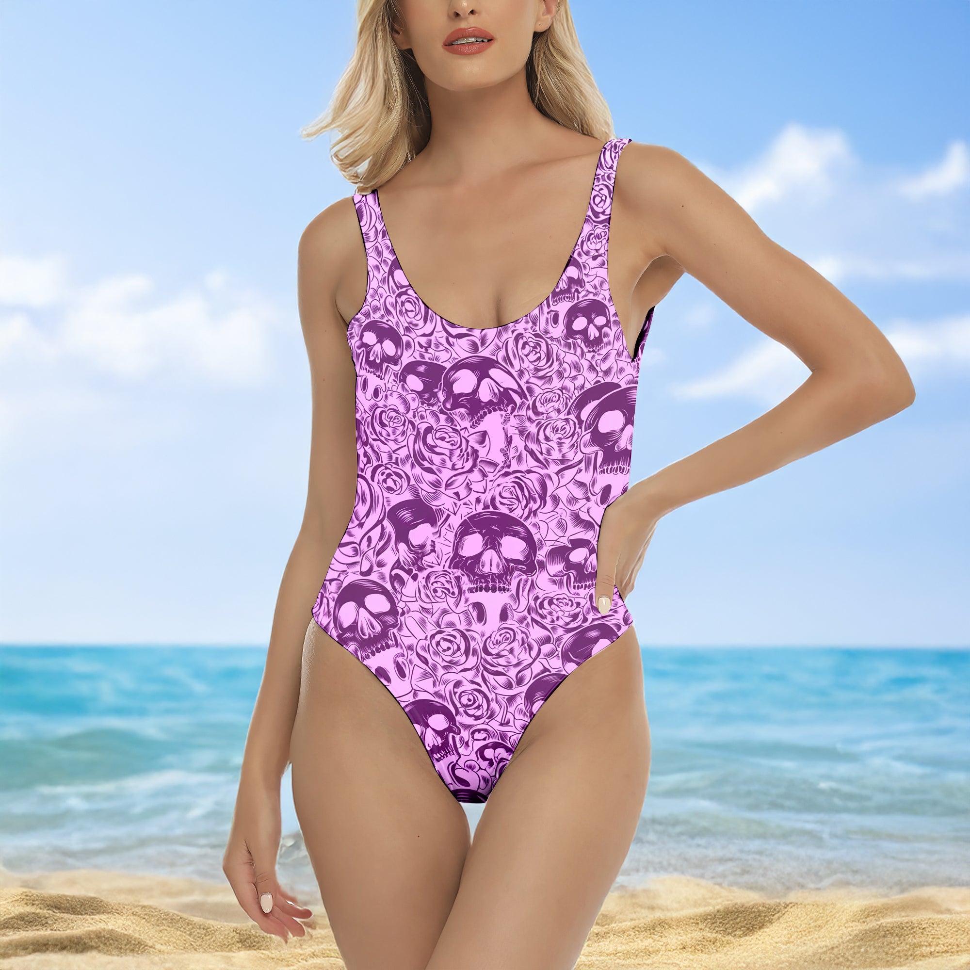 One Piece Bikini Violet Reverie Skull Rose Print Swimwear
