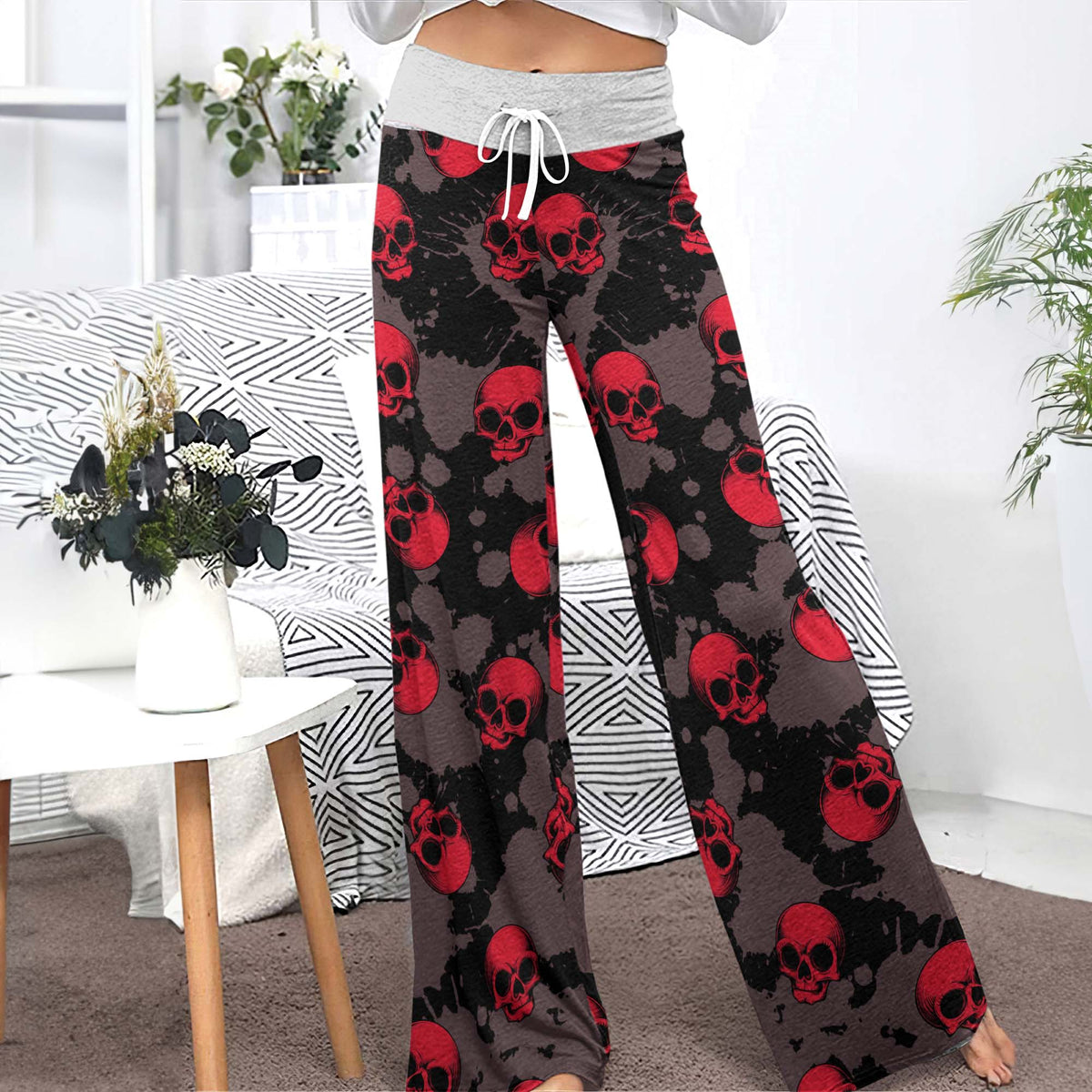 Red Reign Skulls Women's High-waisted Wide Leg Pants