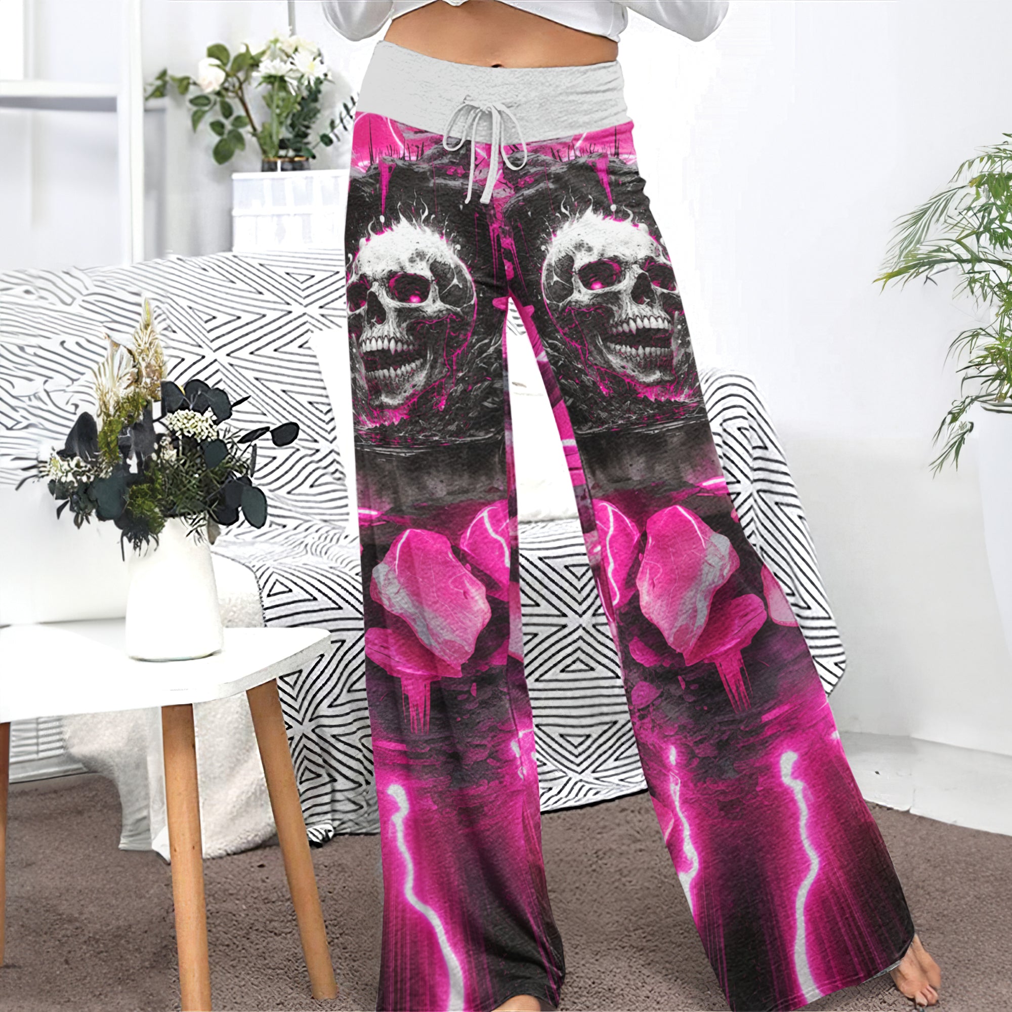 Pink Neon Skull Abstract Women's High-waisted Wide Leg Pants