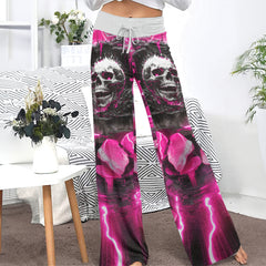 Pink Neon Skull Abstract Women's High-waisted Wide Leg Pants