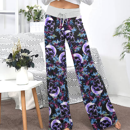 Violet Grunge Floral Skull Women's High-waisted Wide Leg Pants