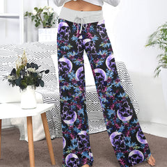 Violet Grunge Floral Skull Women's High-waisted Wide Leg Pants
