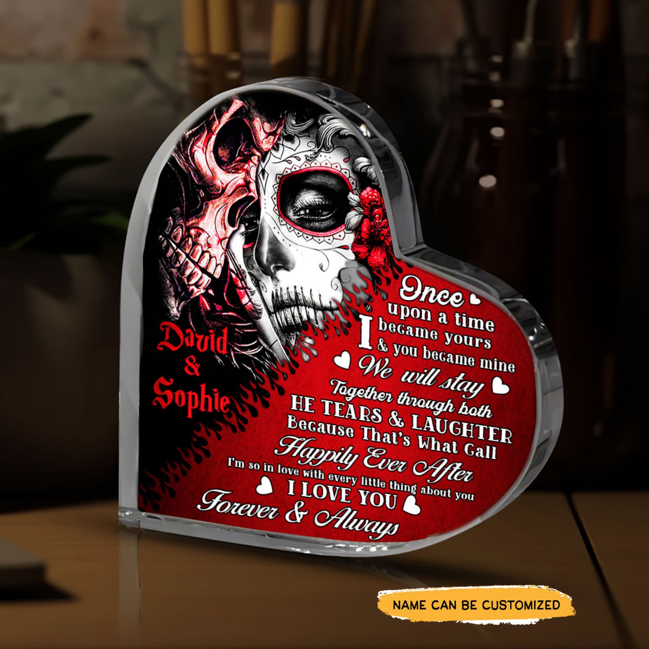 Happily Ever After - Customized Skull Couple Crystal Heart Anniversary Gifts