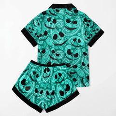 Cyan Paisley Face Women's Pajama Sets Top Sleeve & Short Bottom