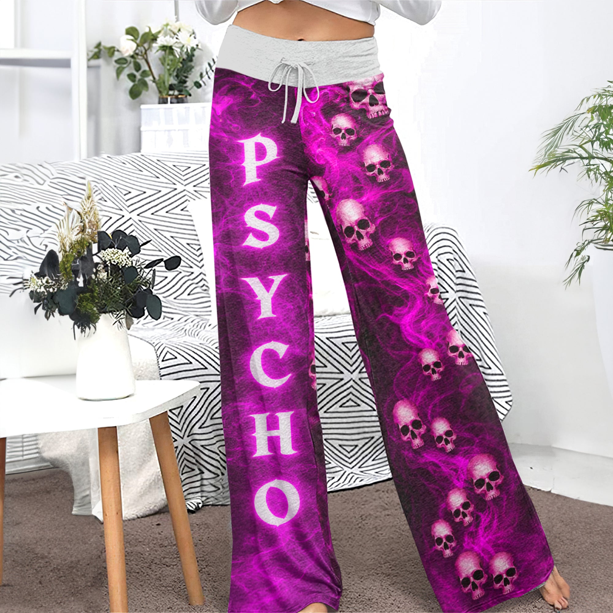 Amethyst Smoke Skull Art Women's High-waisted Wide Leg Pants