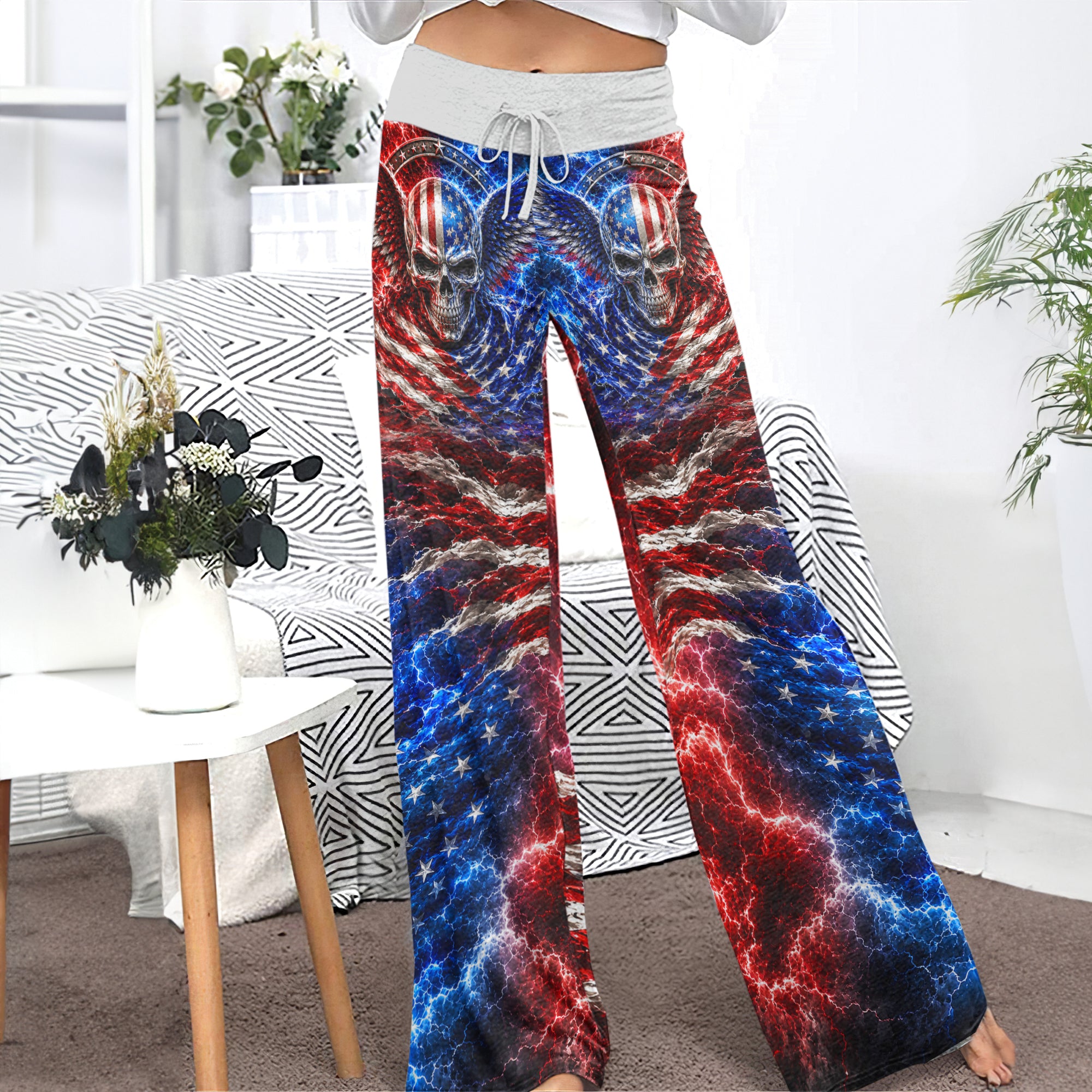 Gothic American Flag Art Women's High-waisted Wide Leg Pants