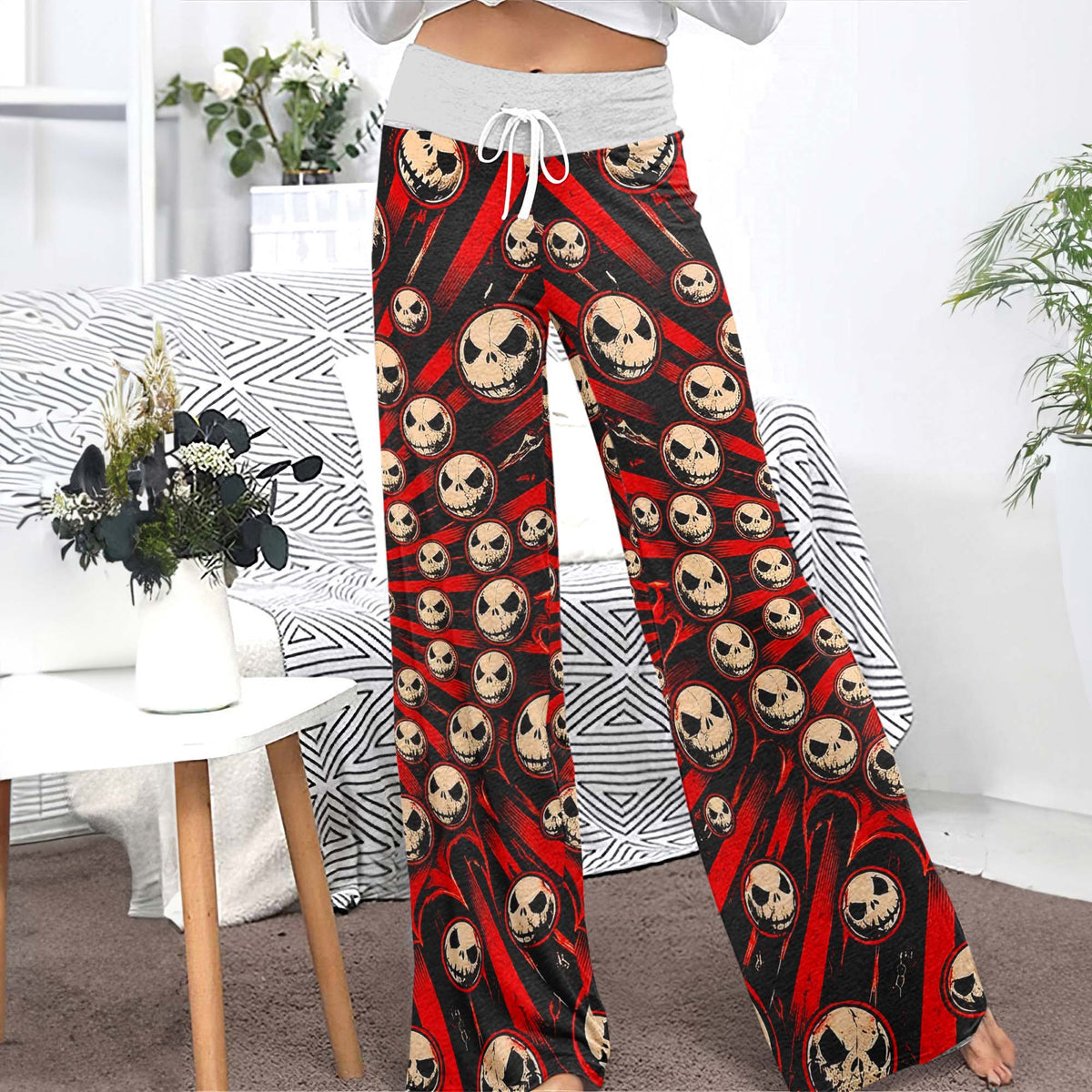 Gothic Crimson Skulls Women's High-waisted Wide Leg Pants