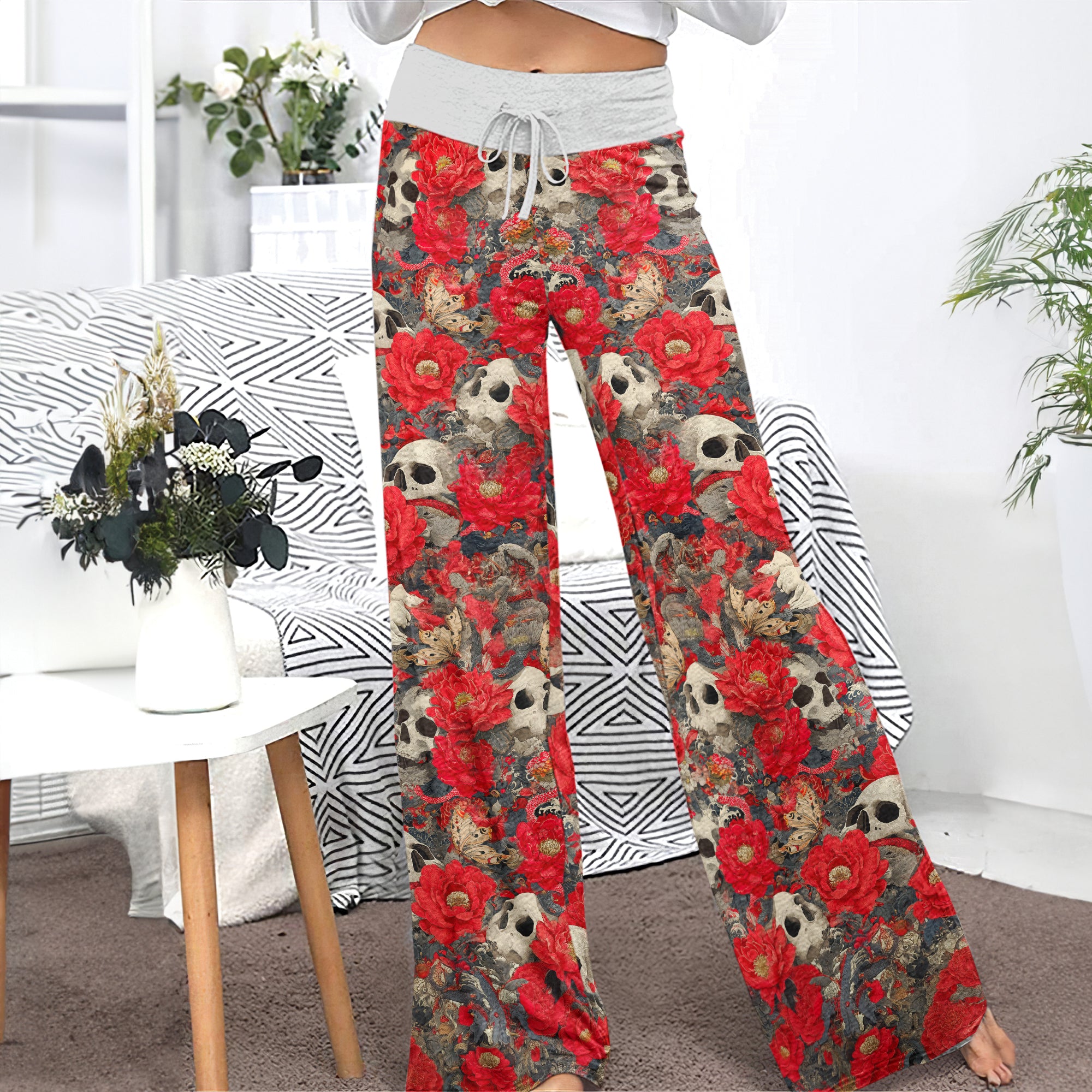 Red Skull Garden Pattern Women's High-waisted Wide Leg Pants