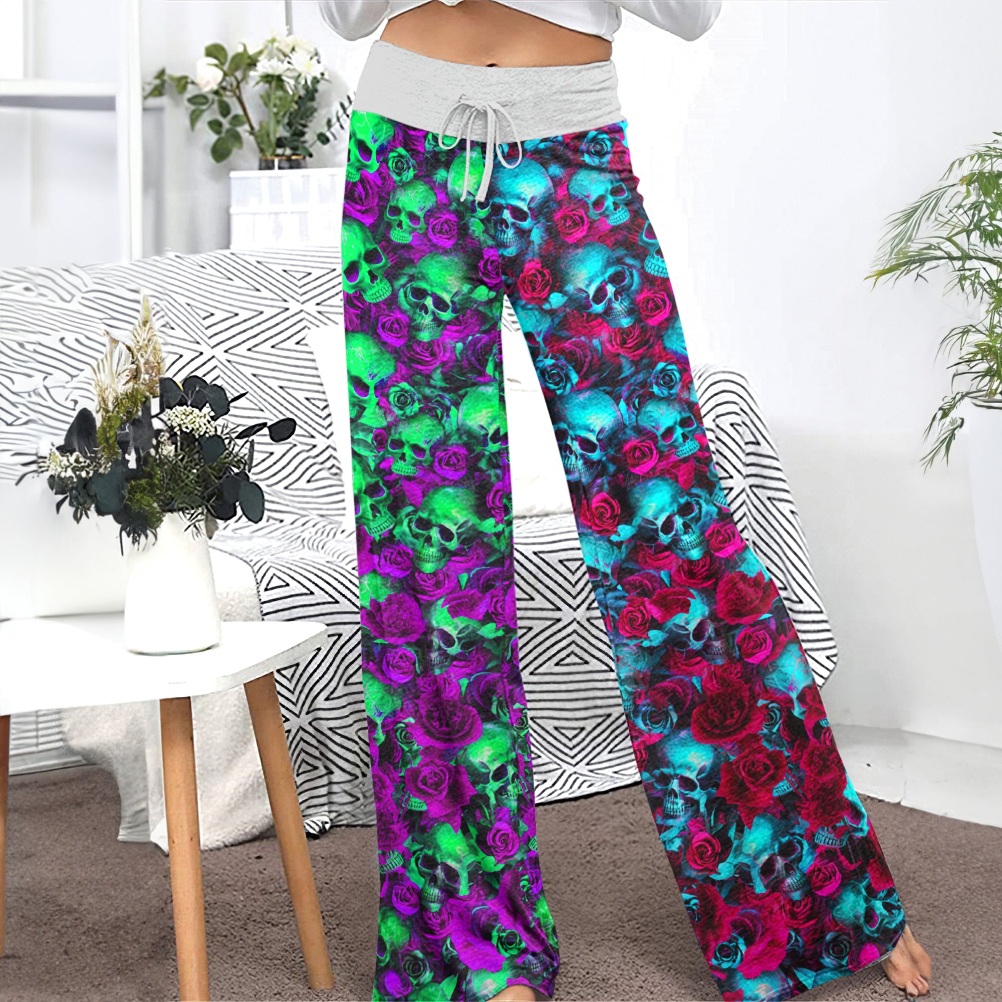 Gradient Skull Flower Dream Women's High-waisted Wide Leg Pants