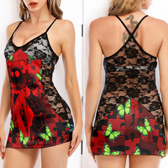 Red Puzzle Couple Skeleton Women's Black Lace Cami Dress Babydolls Nightgowns