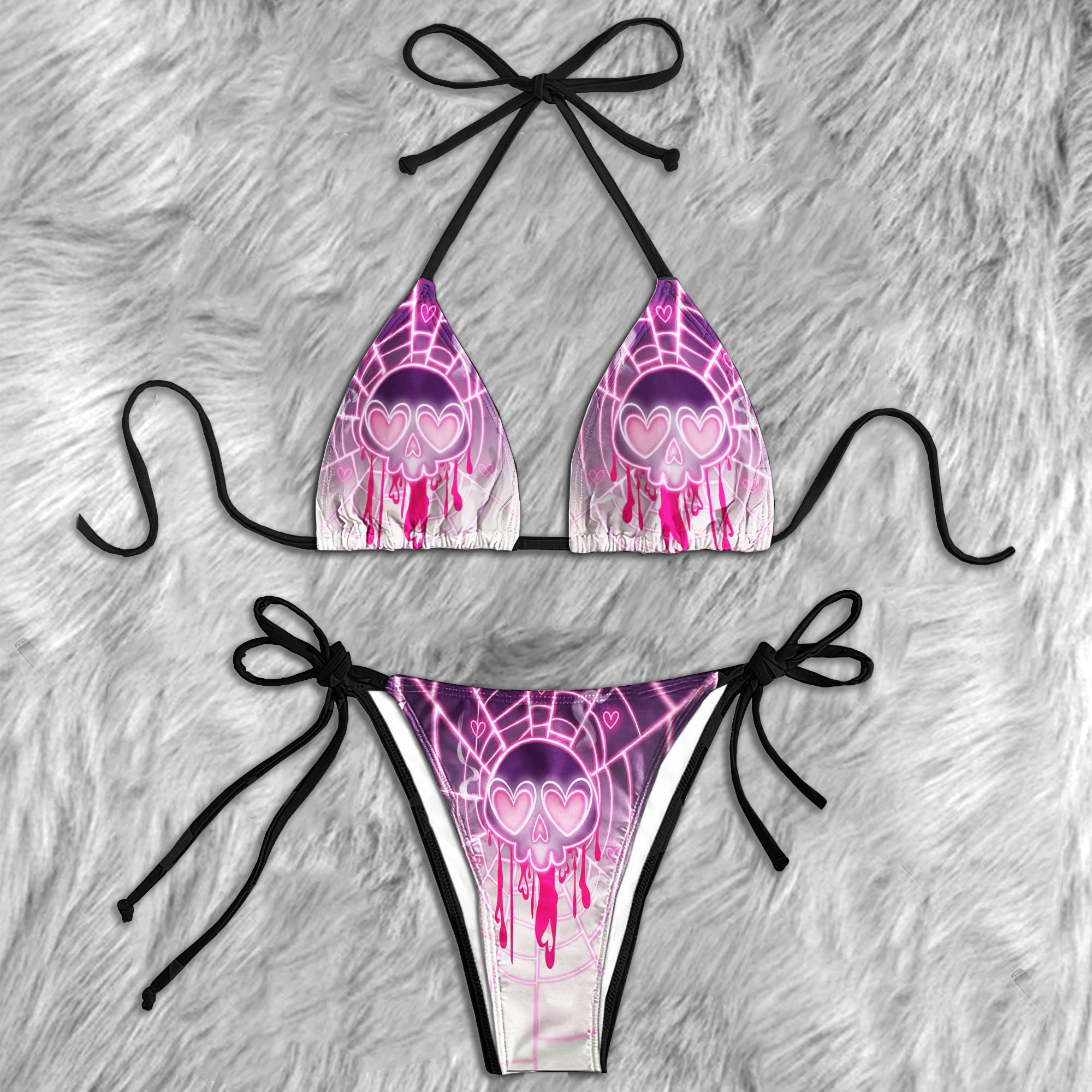 Neon Pink Spiderweb Skull Micro Triangle Bikini Swimsuit