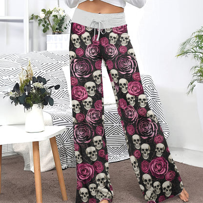 Pastel Gothic Bloom Skull Women's High-waisted Wide Leg Pants
