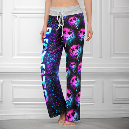 Neon Meltdown Skull Pattern Women's High-waisted Wide Leg Pants