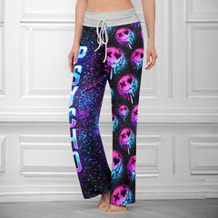 Neon Meltdown Skull Pattern Women's High-waisted Wide Leg Pants
