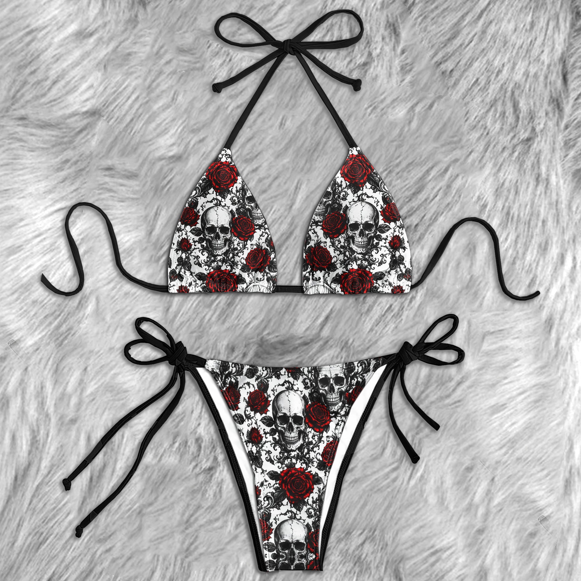 Dark Floral Skull Texture Micro Triangle Bikini Swimsuit