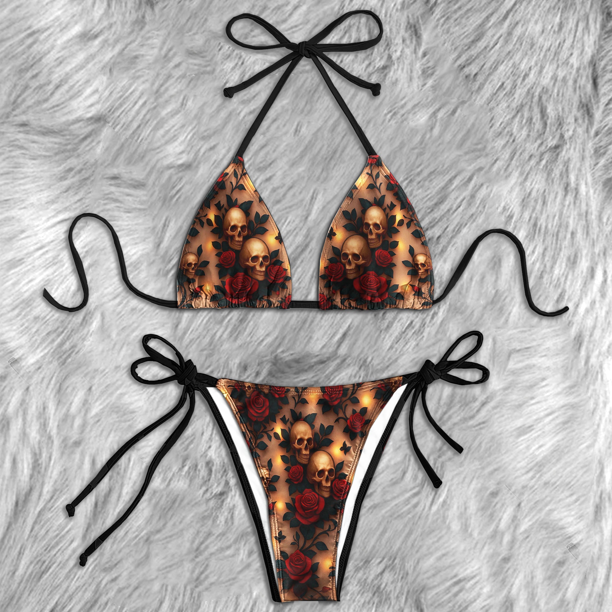 Velvet Bones Pattern Micro Triangle Bikini Swimsuit