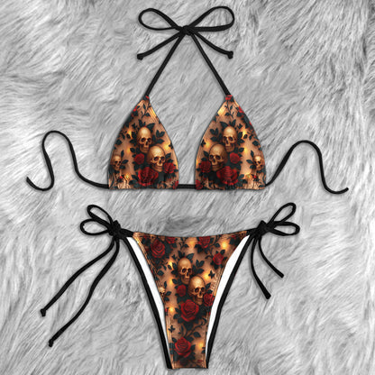 Velvet Bones Pattern Micro Triangle Bikini Swimsuit