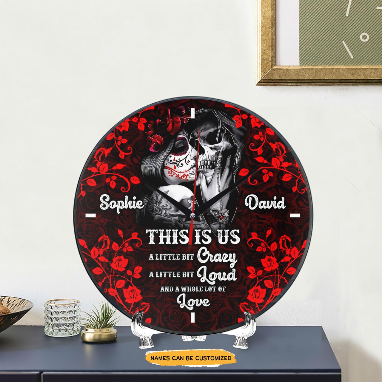 Skull Couple Floral Elegant engraved clock, a sentimental keepsake for your special occasion and enduring love.