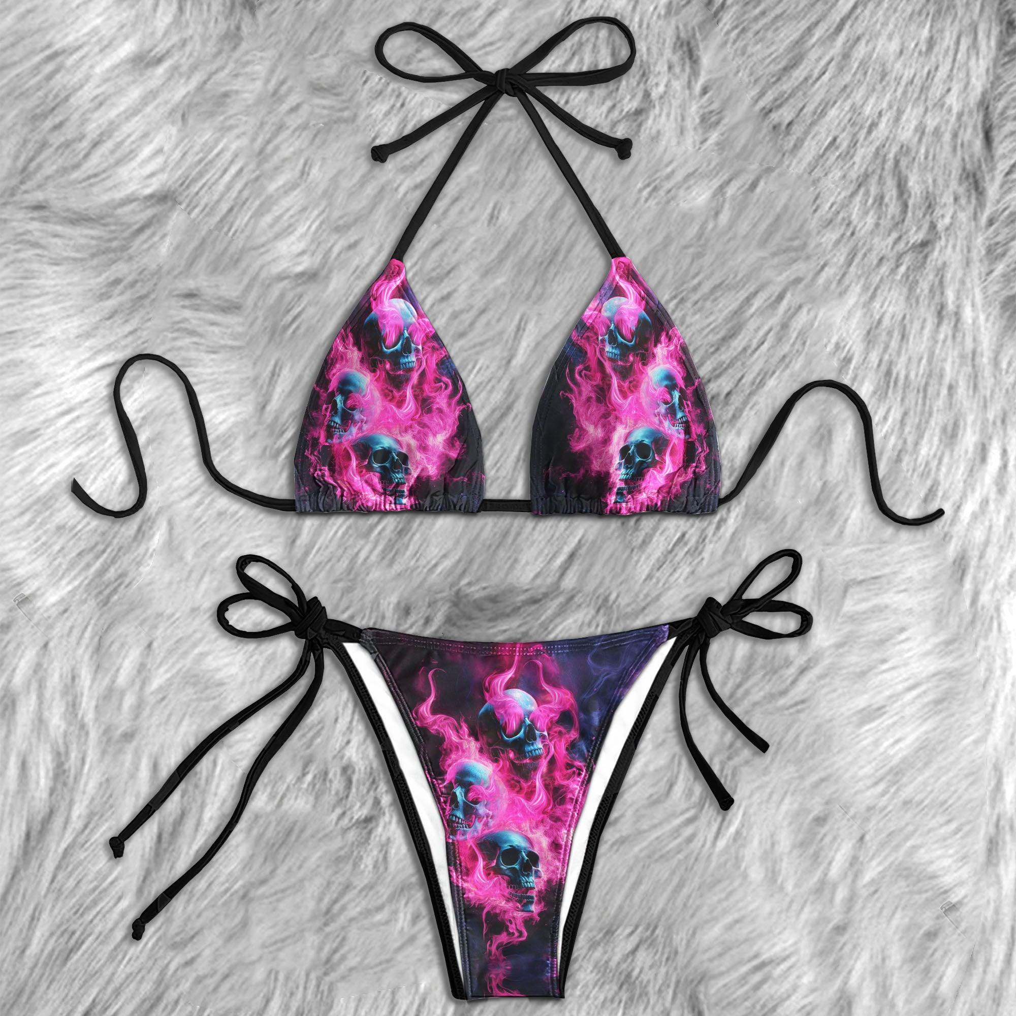 Pink Flaming Skull Art Micro Triangle Bikini Swimsuit