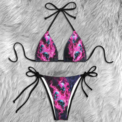 Pink Flaming Skull Art Micro Triangle Bikini Swimsuit