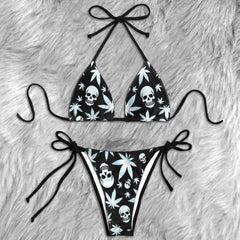 Holographic Leaf Skull Fabric Micro Triangle Bikini Swimsuit