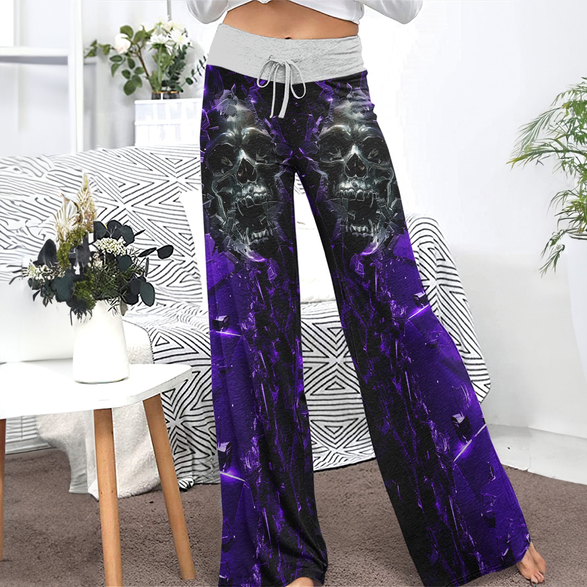 Purple Skull Broken Mirror Women's High-waisted Wide Leg Pants | Wonder Skull