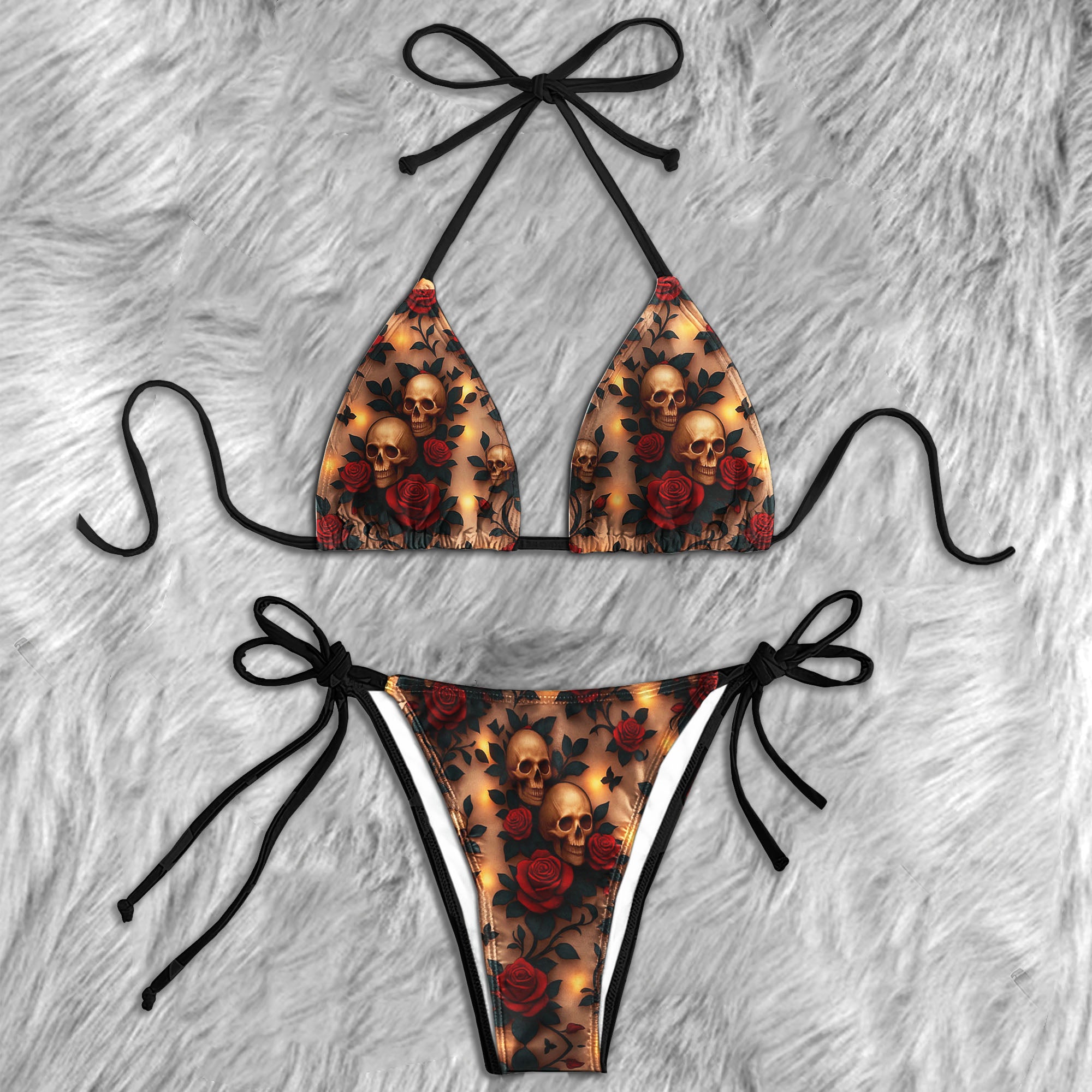 Gilded Skull Crimson Rose Micro Triangle Bikini Swimsuit