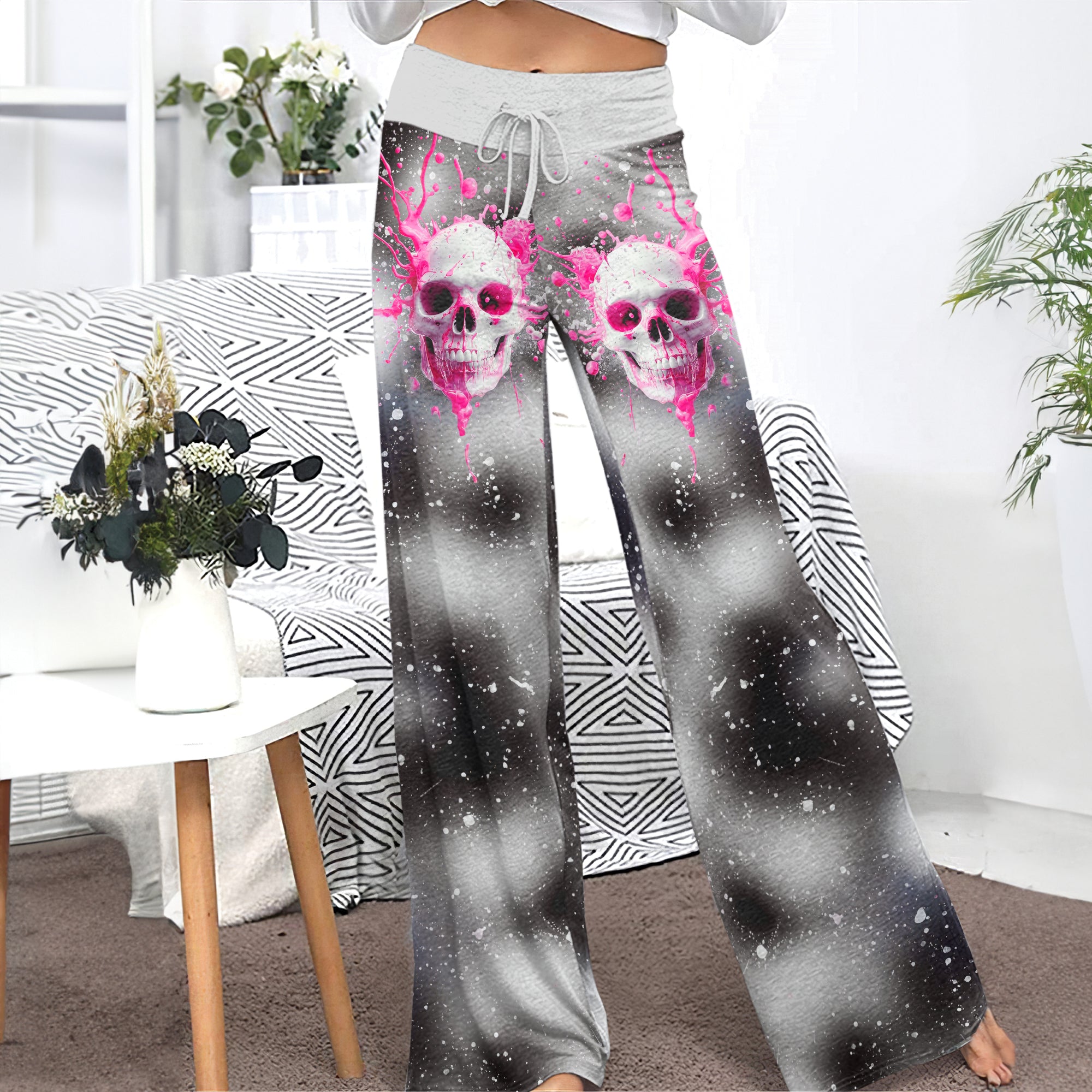 Pink Skull Art Women's High-waisted Wide Leg Pants
