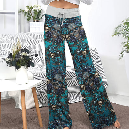 Dark Blue Skull Gothic Women's High-waisted Wide Leg Pants