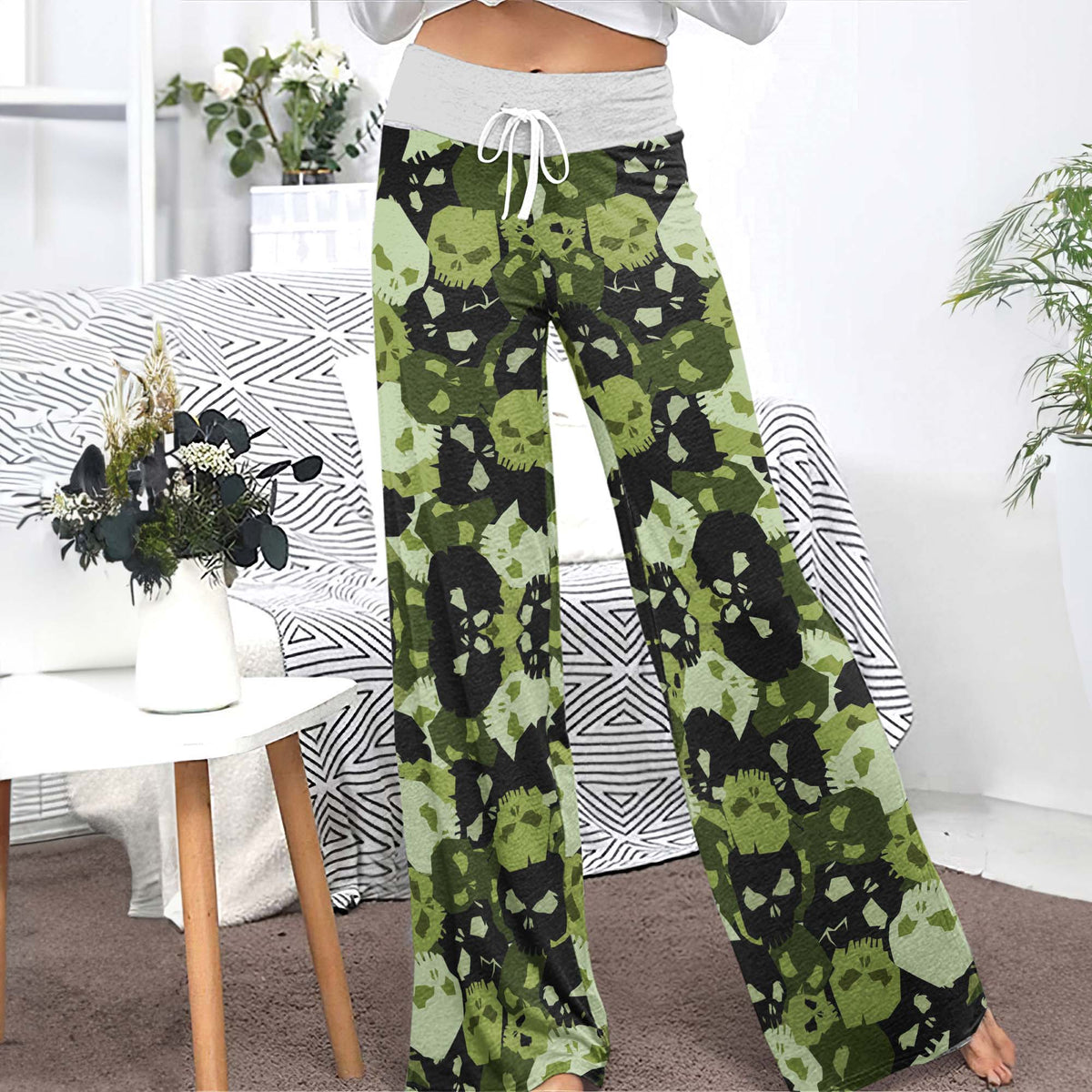 Green Skull Camo Pattern Women's High-waisted Wide Leg Pants