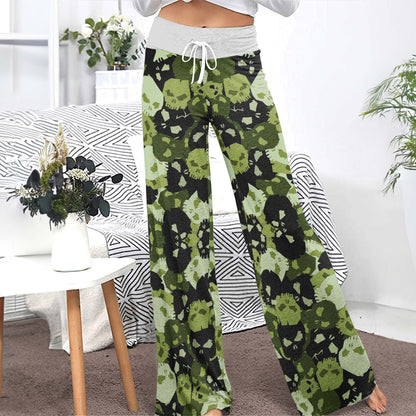 Green Skull Camo Pattern Women's High-waisted Wide Leg Pants