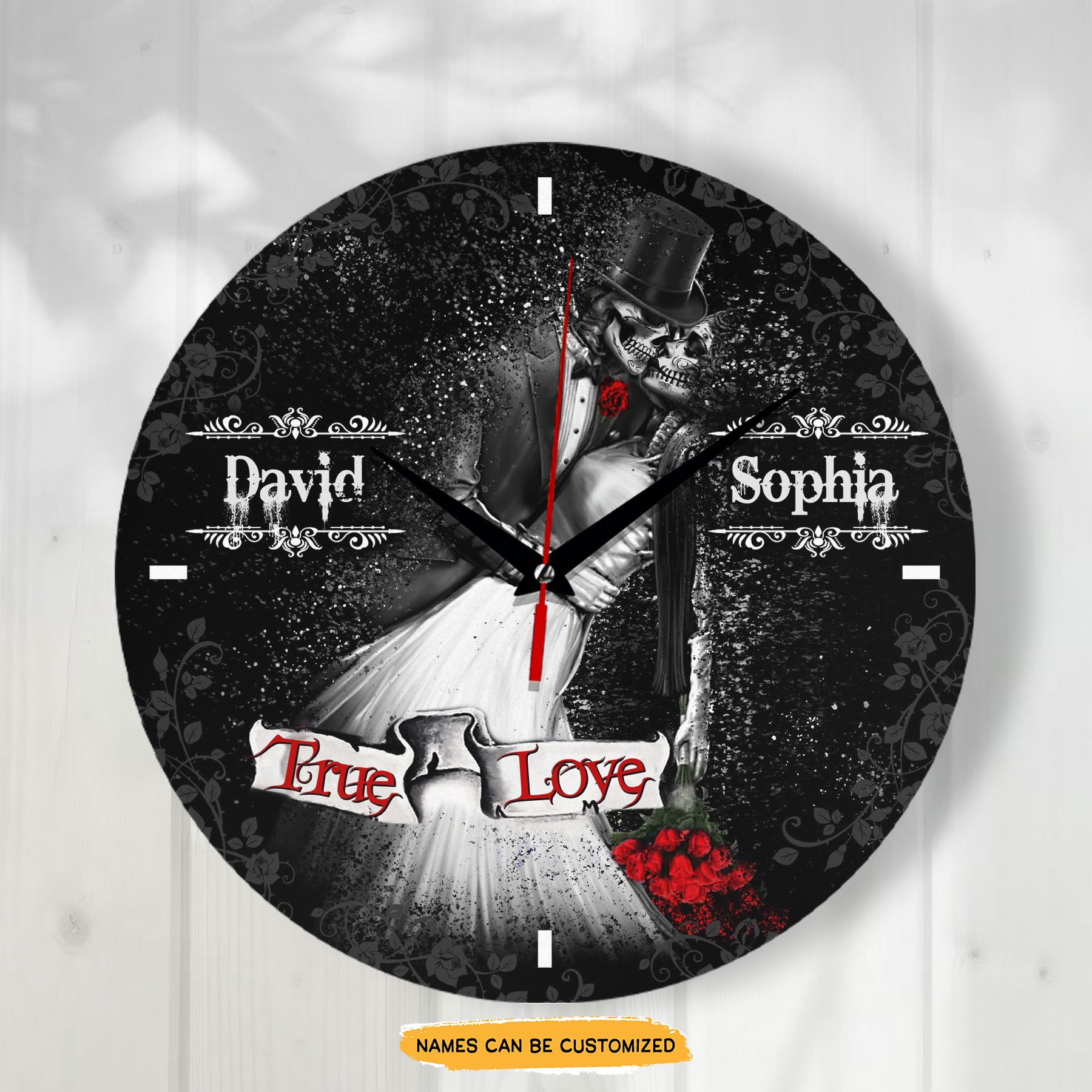 Skull Couple Faded Effect Elegant engraved clock, a sentimental keepsake for your special occasion and enduring love.