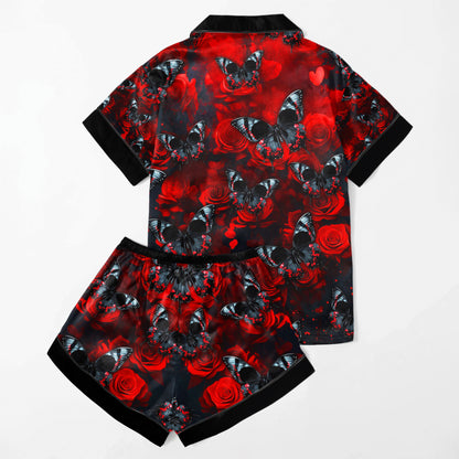 Red Butterfly Skull Women's Pajama Sets Top Sleeve & Short Bottom