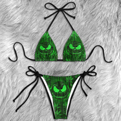 Electric Matrix Glitch Skull Micro Triangle Bikini Swimsuit