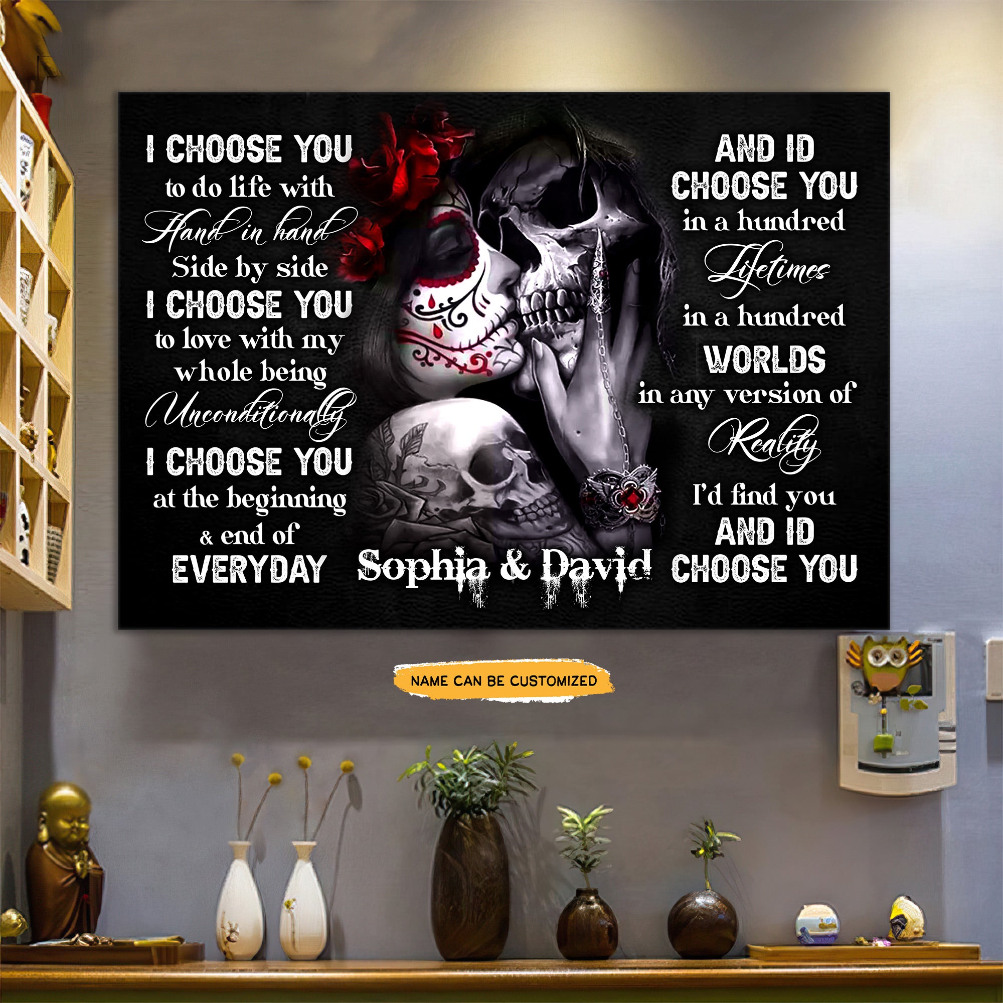 I Choose You - Custom Personalized Names Gothic Skull And Roses Canvas