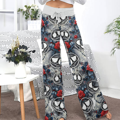 Gothic Skull Bloom Rose Women's High-waisted Wide Leg Pants