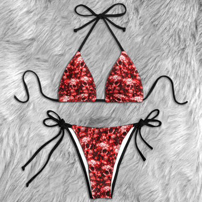 Crimson Floral Skull Pattern Micro Triangle Bikini Swimsuit