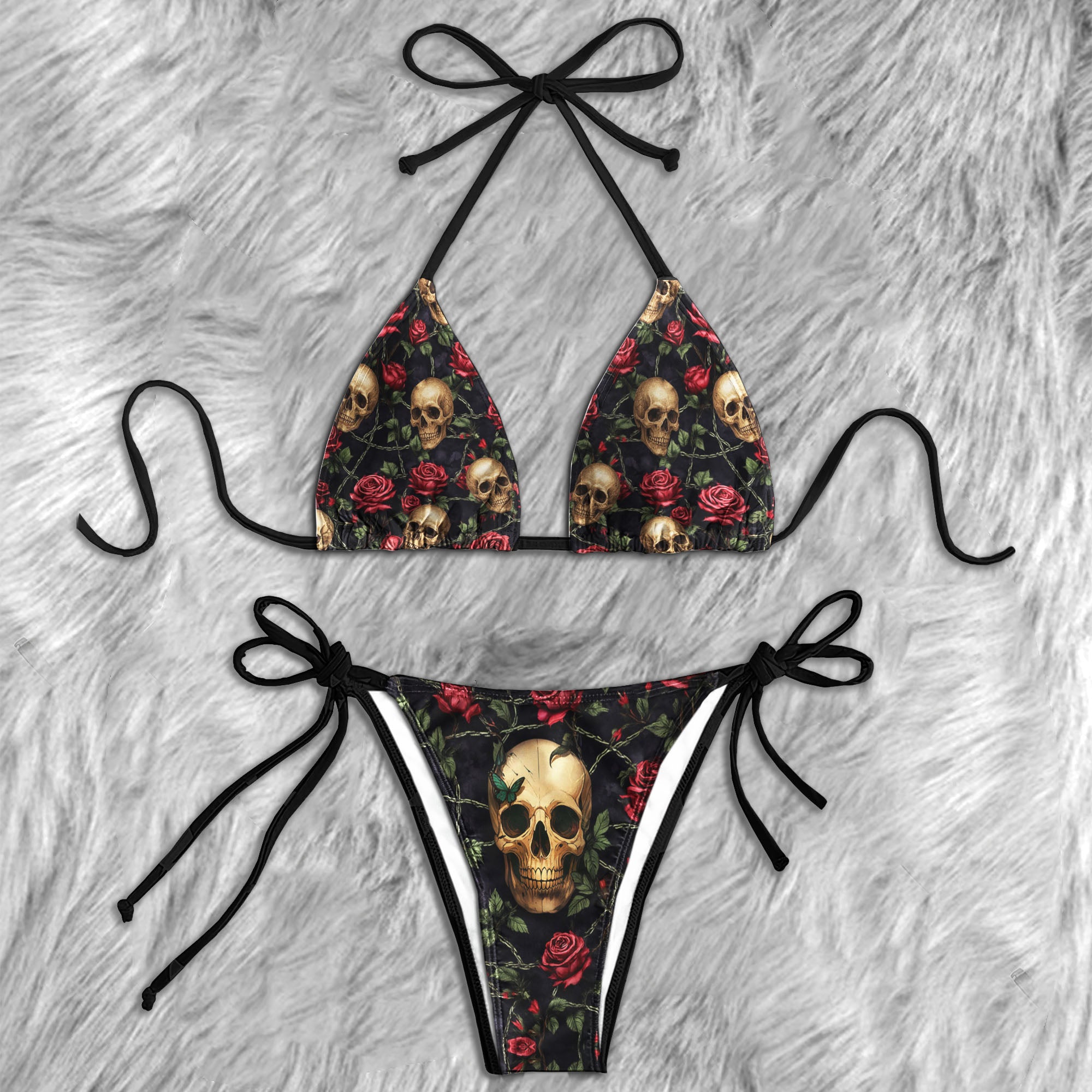 Vintage Skull Rose Briar Micro Triangle Bikini Swimsuit